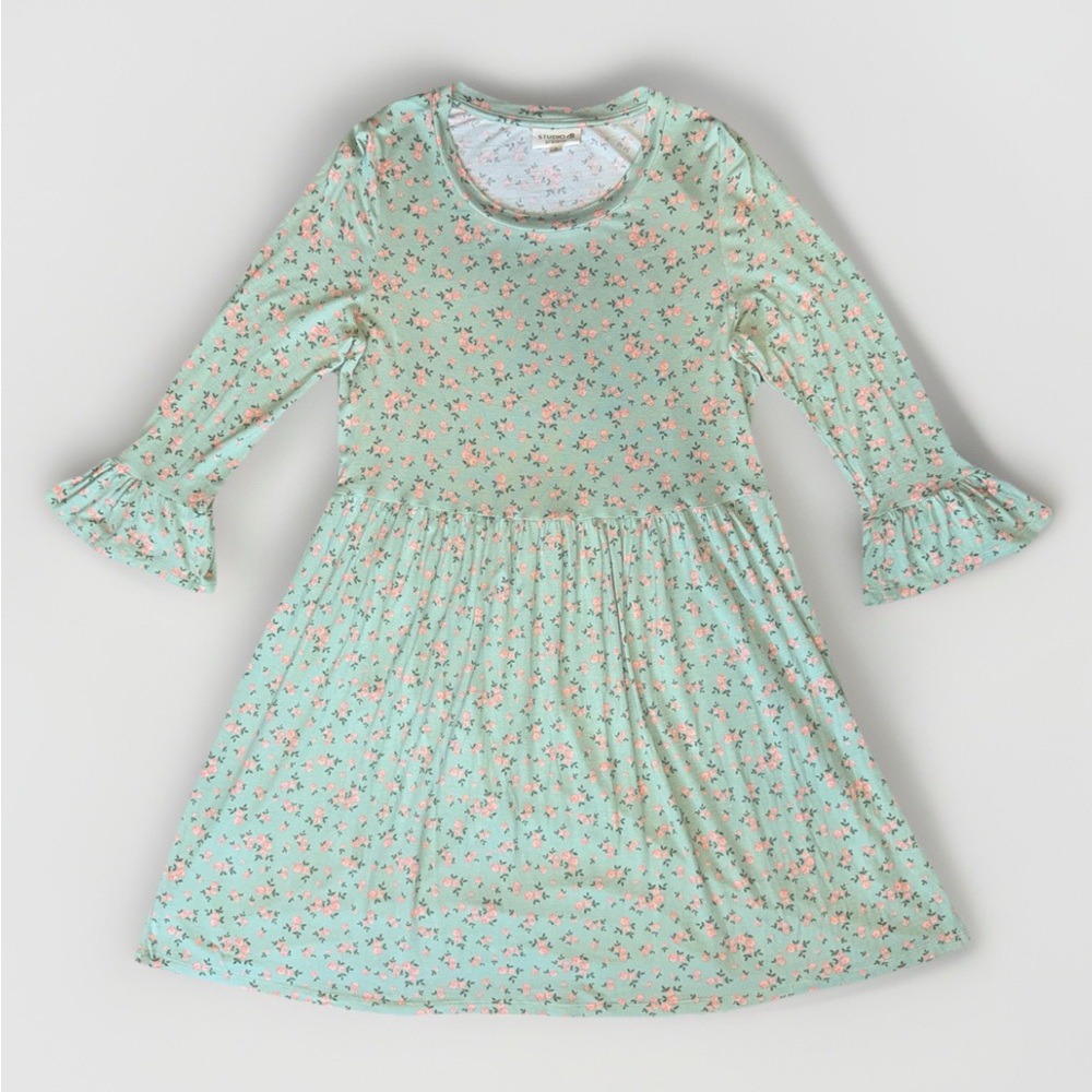 Studio B Bobeau Floral Babydoll Dress Bell Sleeve Mint Green Pink Small